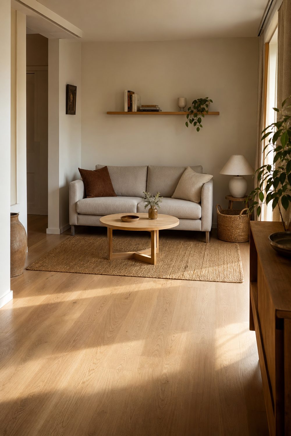 Compact IKEA living room with a slim gray sofa, round oak coffee table, and floating wall shelf in a small bright space
