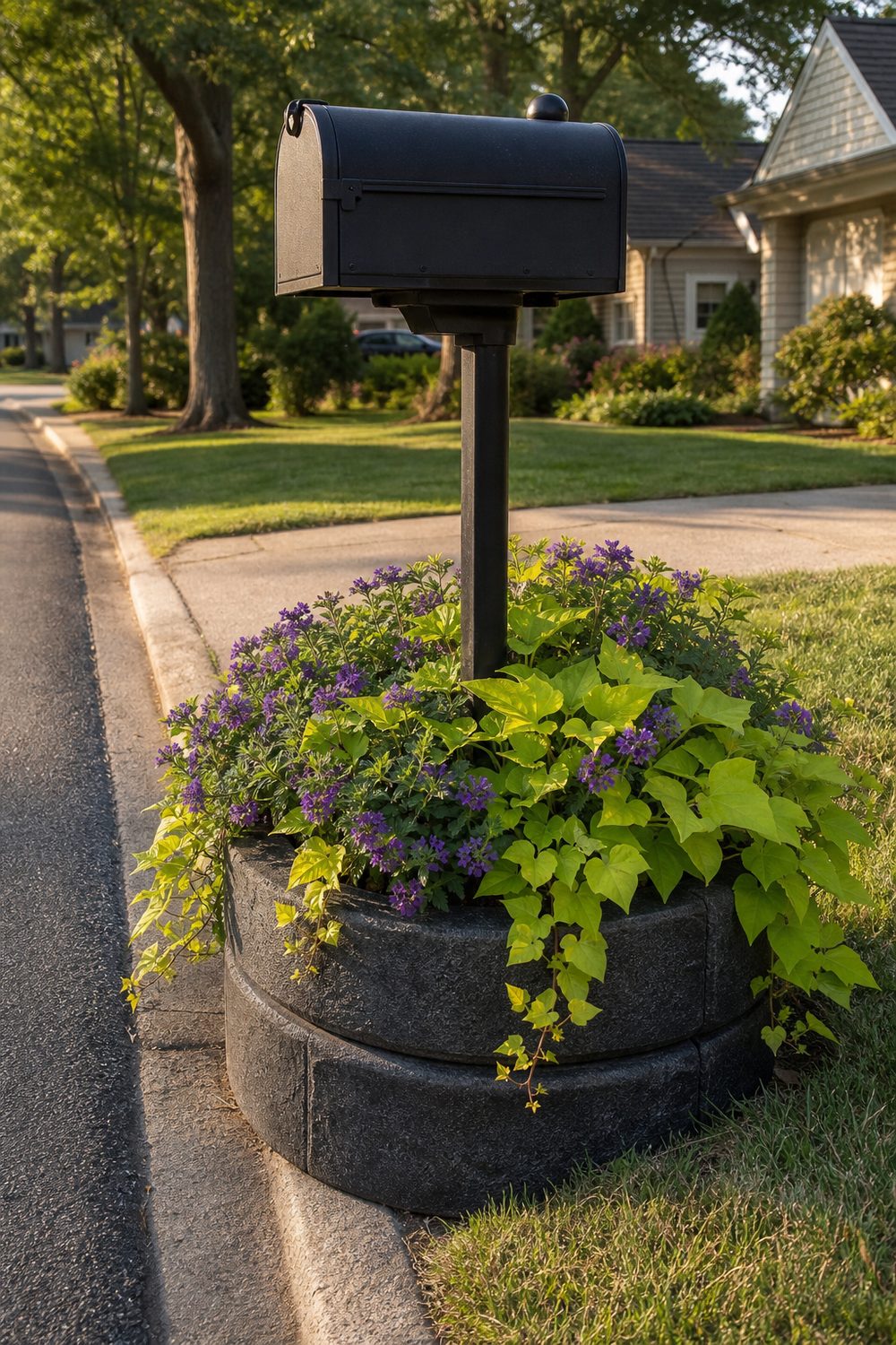 Small resin planter ring around a mailbox post filled with trailing verbena and sweet potato vine