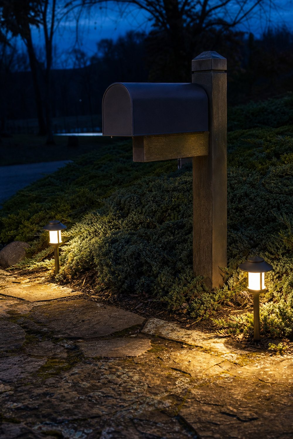 Solar path lights flanking a mailbox post at dusk with a mulched bed and warm glow across the stones