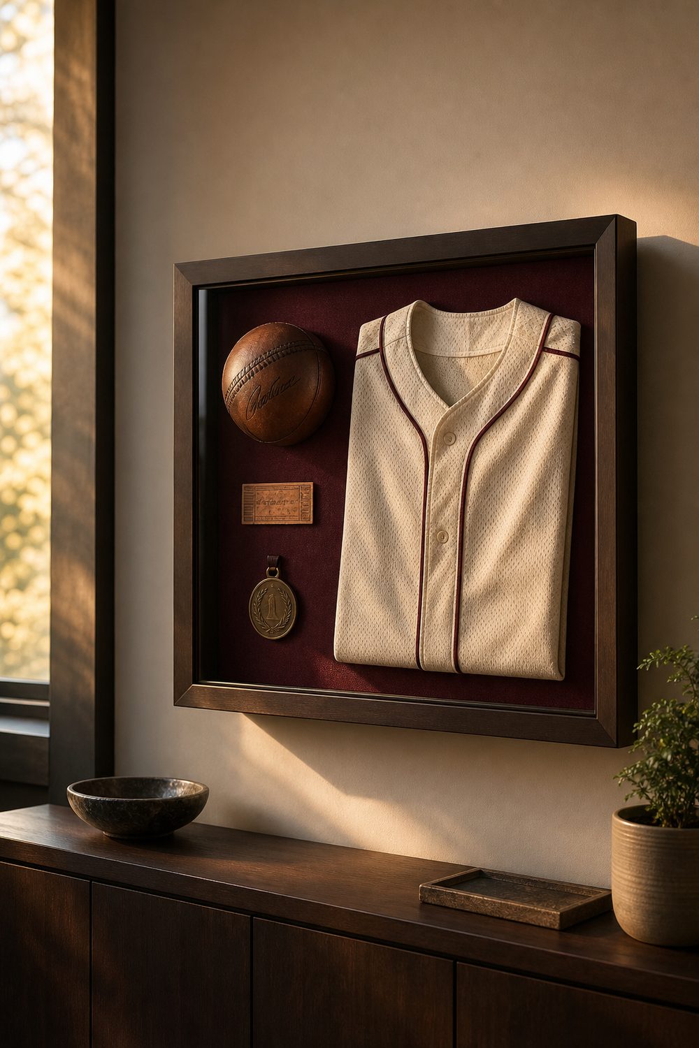 Sports memorabilia shadow box with a folded jersey, a signed ball and a ticket stub on team-color felt in an espresso frame