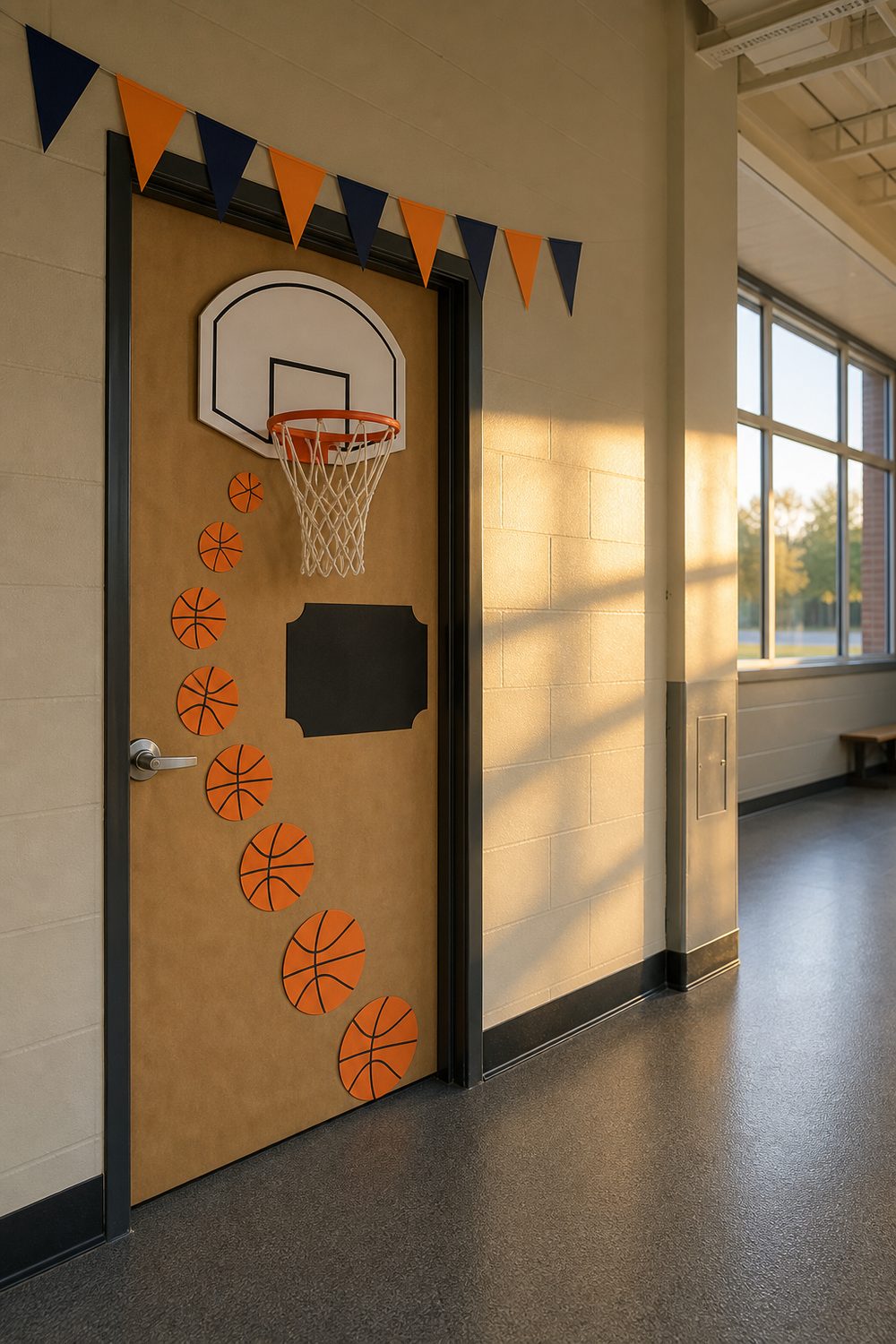 Sports themed classroom door with paper basketball hoop, arcing orange paper basketballs, navy pennant flags on kraft background