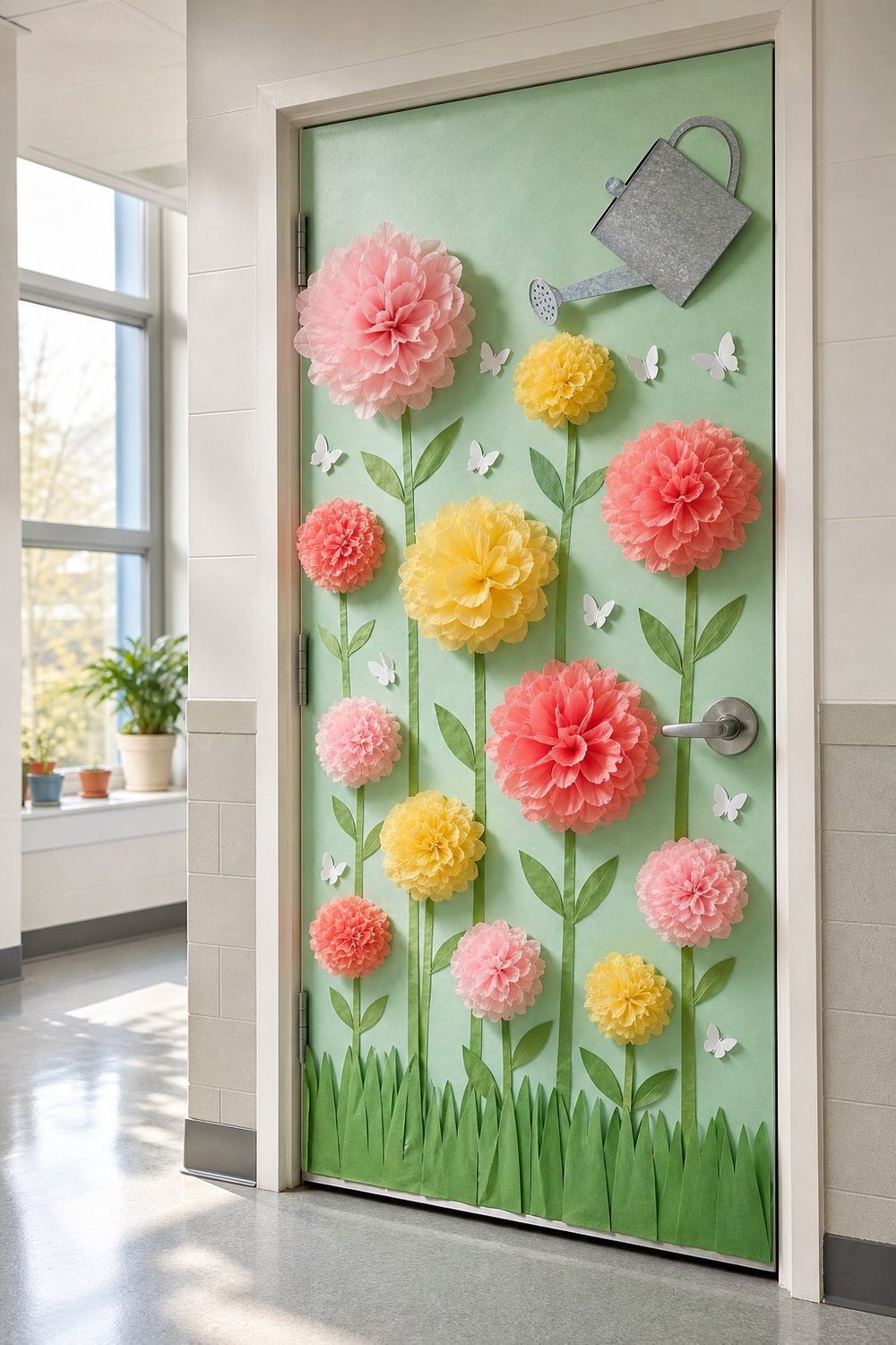 Spring classroom door with layered pink coral and yellow paper flowers, green paper grass, and small watering can cutout on mint background