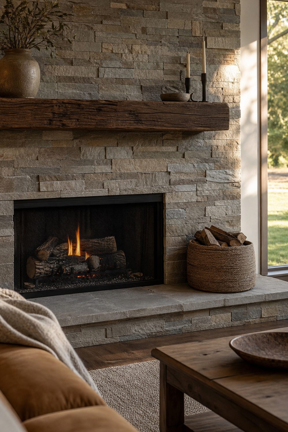 Textured stacked ledger stone tile fireplace in a cozy family room with a rustic wood beam mantel and stone hearth
