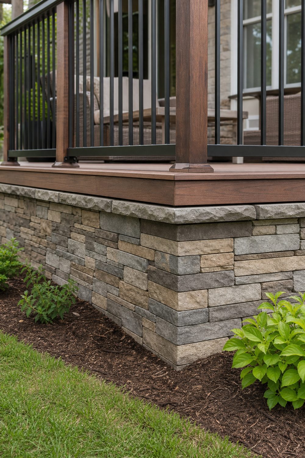 Stacked Stone Veneer Deck Skirting on a raised backyard deck, grey and tan dry-stacked ledgestone, bright midday diffused daylight
