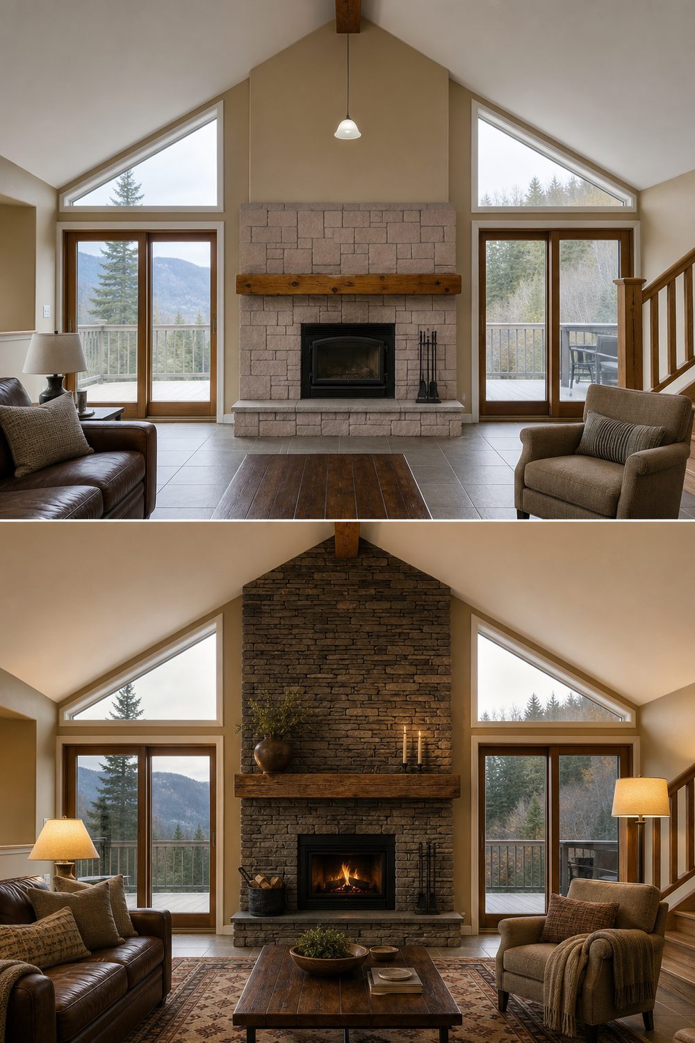 Before and after of a stacked stone veneer fireplace in charcoal and warm grey ledgestone