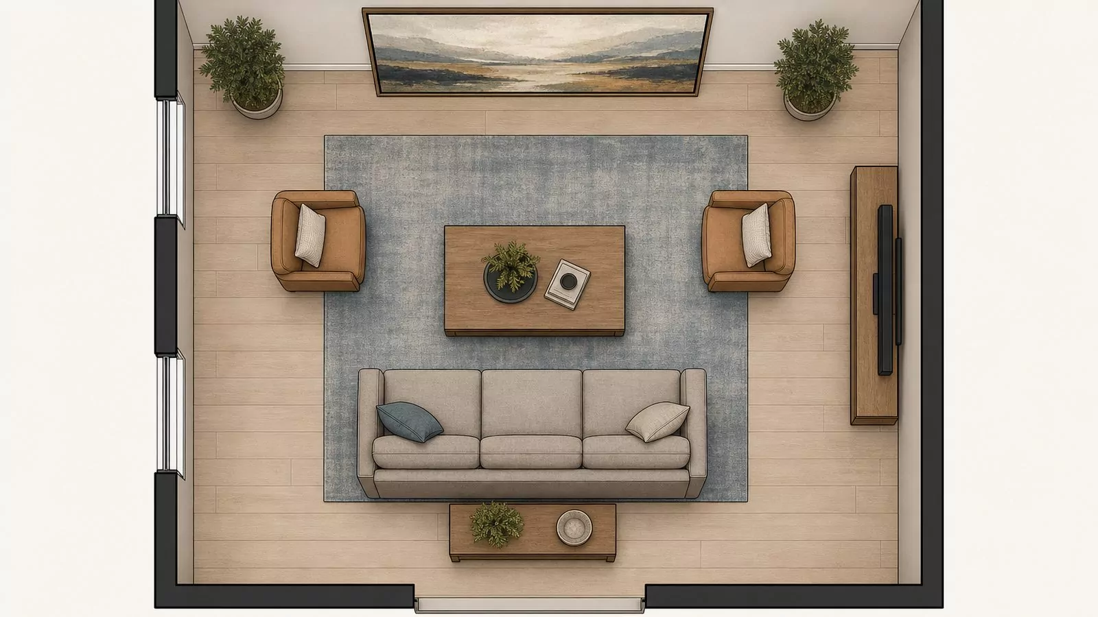 Top-down floor plan diagram with seating centered on a large statement art piece instead of a TV