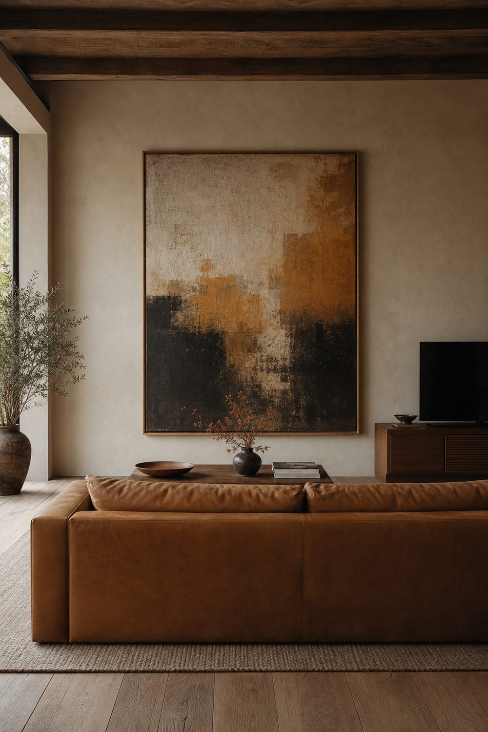 Seating centered on a large statement painting instead of a TV, with the sofa facing the art, in an awkward living room layout