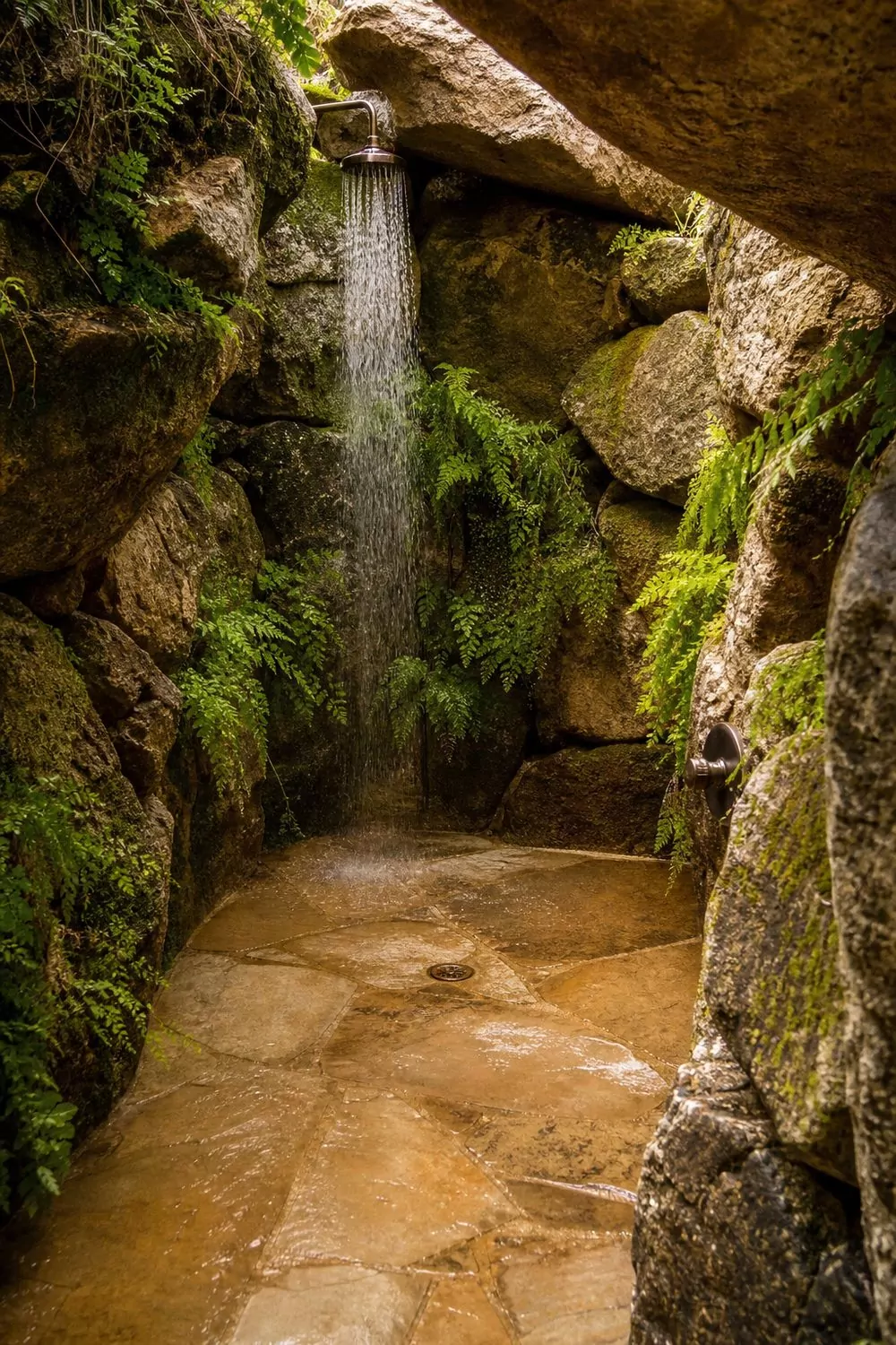 Stone grotto outdoor shower of rough boulders with a smooth flagstone floor and hidden head spilling water among ferns, soft ambient light