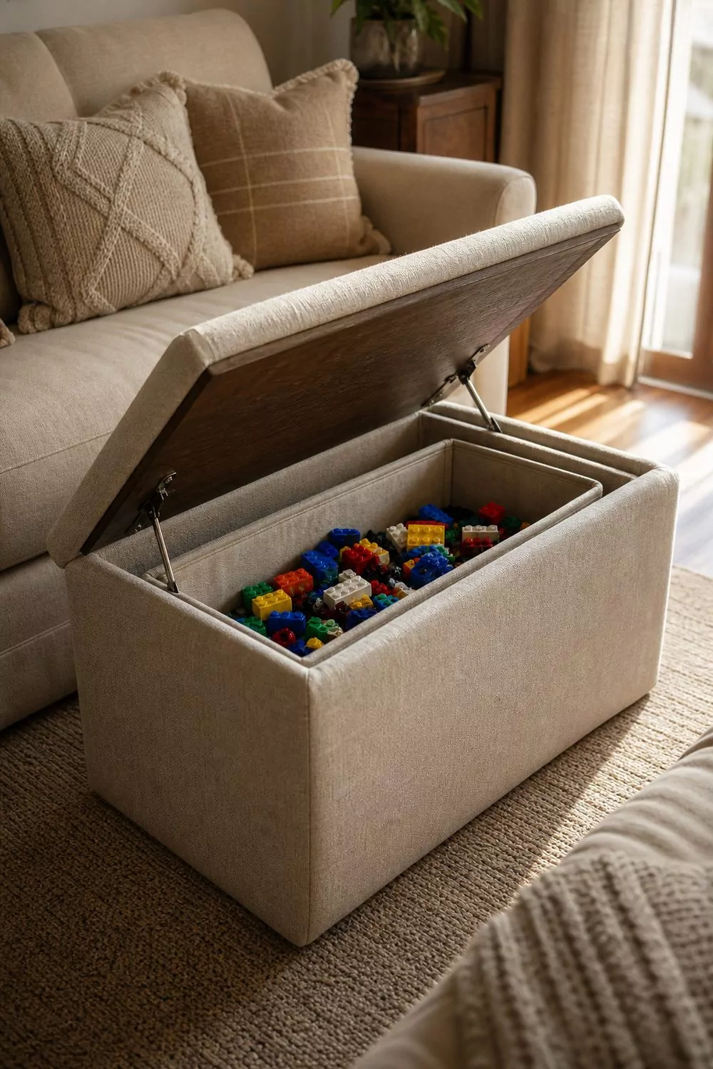 Upholstered storage ottoman bench with a soft-close lid open to reveal a fabric bin of colorful building bricks in a calm family room