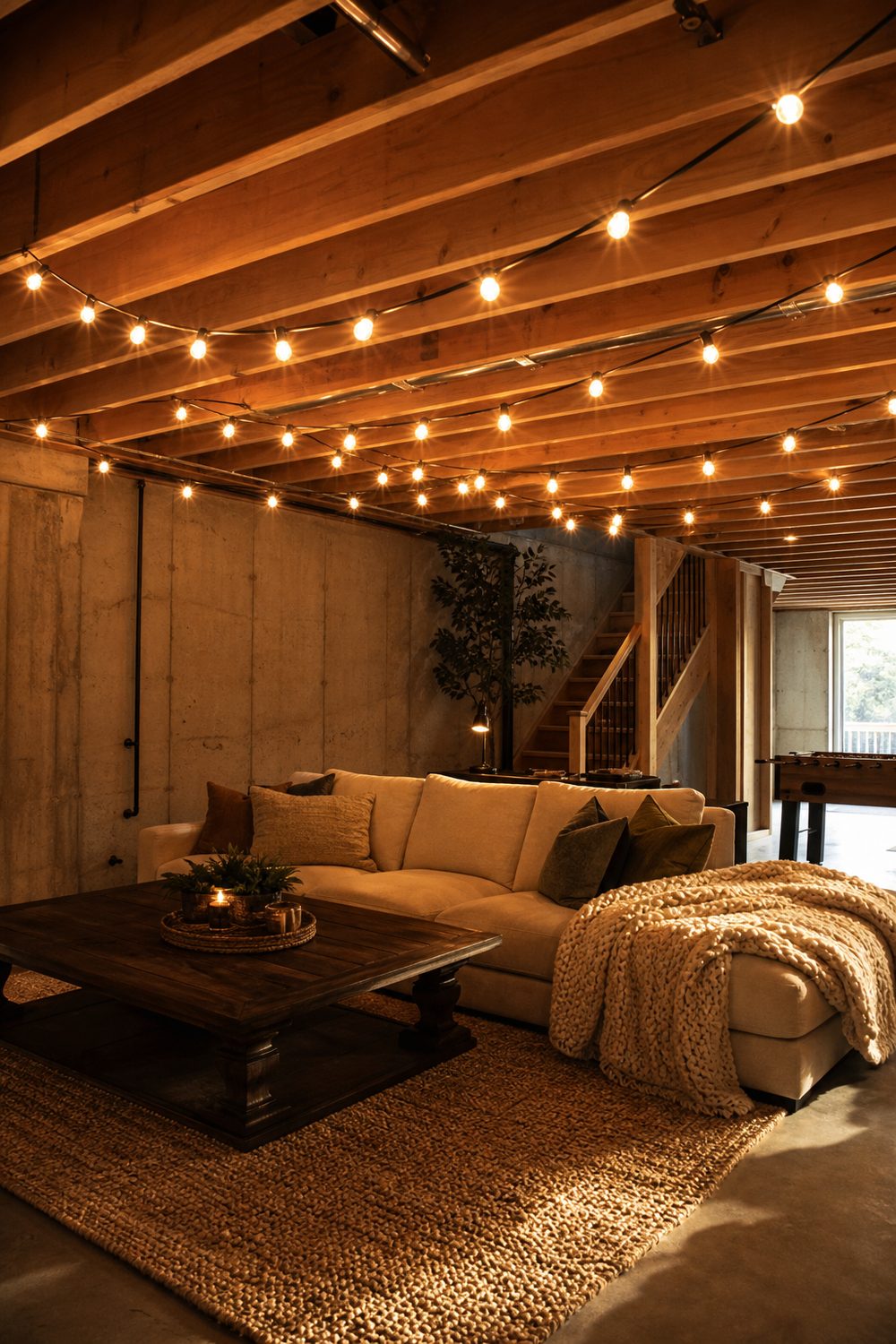 Warm white string lights swagged across exposed basement joists forming a glowing canopy over a cozy seating area