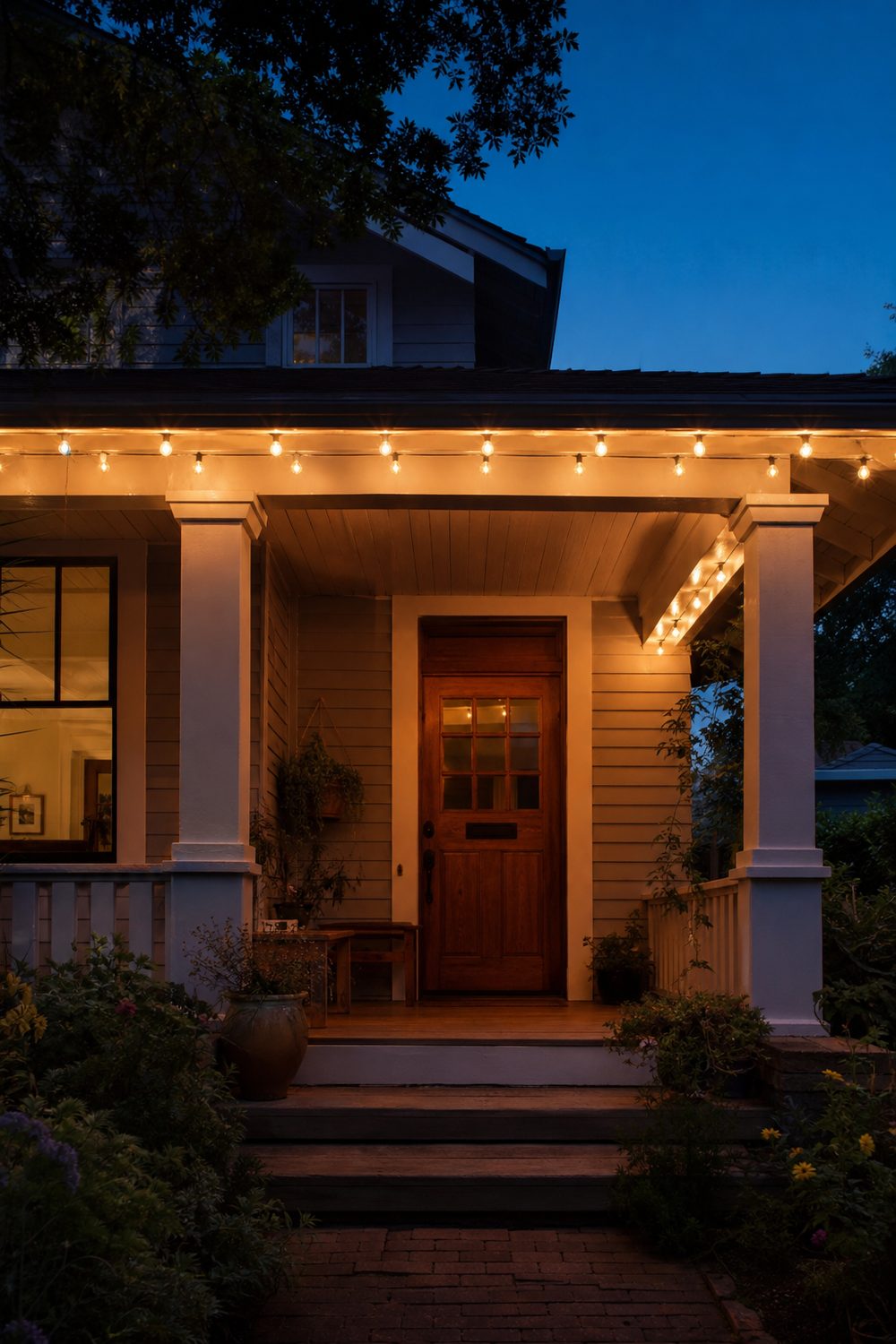 Warm-white cafe string lights framing the top of a front porch entry, glowing softly at blue-hour dusk above the door