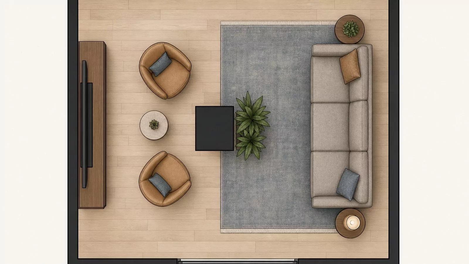 Top-down floor plan diagram with a structural column used as a divider between a chair zone and a sofa zone