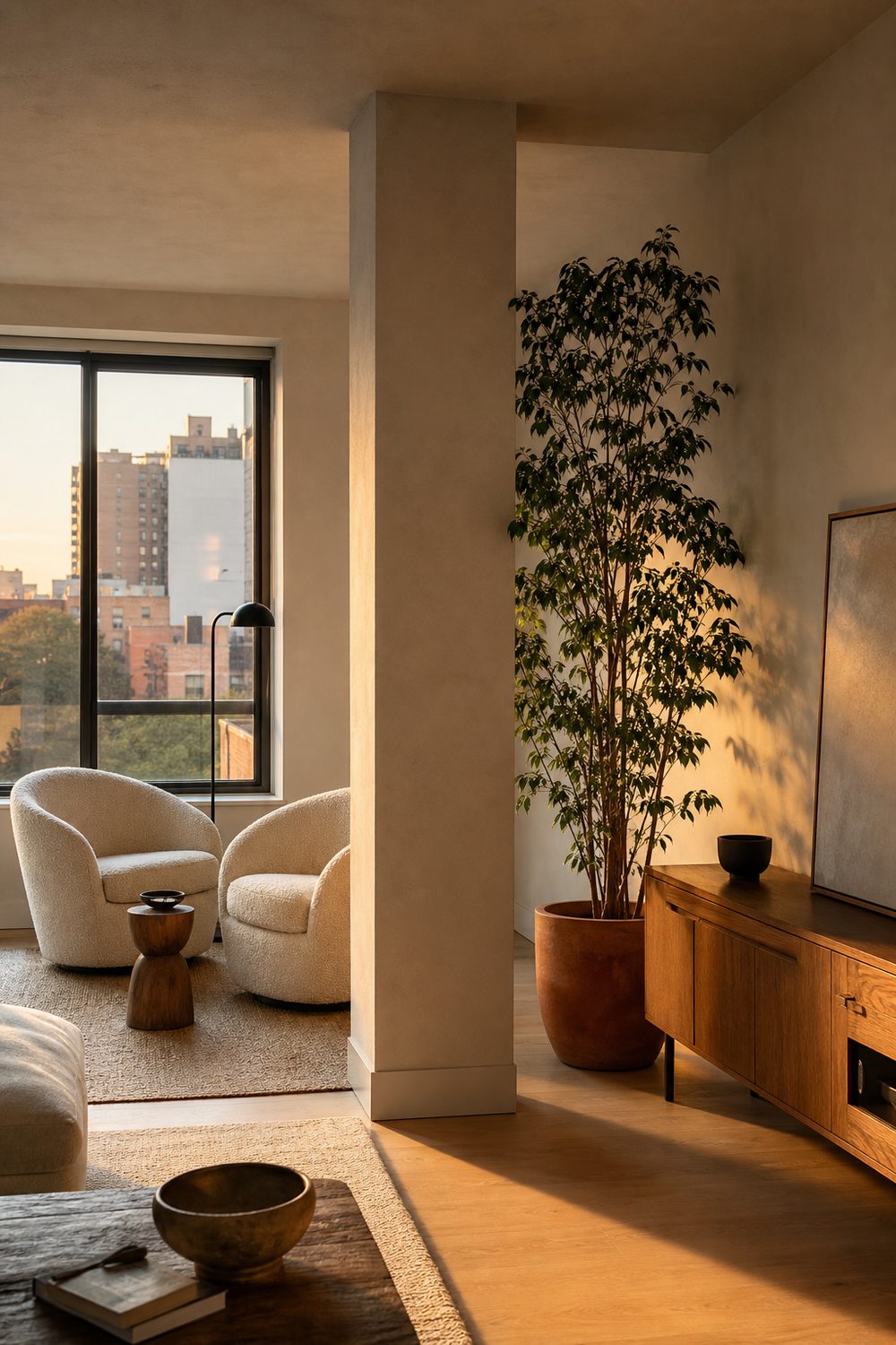 Structural column mid-room used as a divider with swivel chairs on one side and a media console on the other in an awkward living room