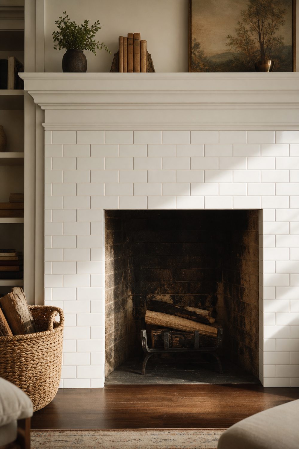 Classic fireplace surround clad in crisp white subway tile with warm white grout and a simple painted mantel