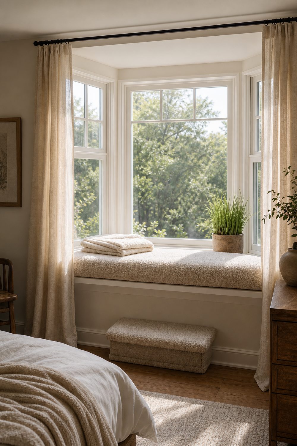 Cushioned oatmeal boucle cat window perch in a sunny bay window with sheer linen curtains and cat grass