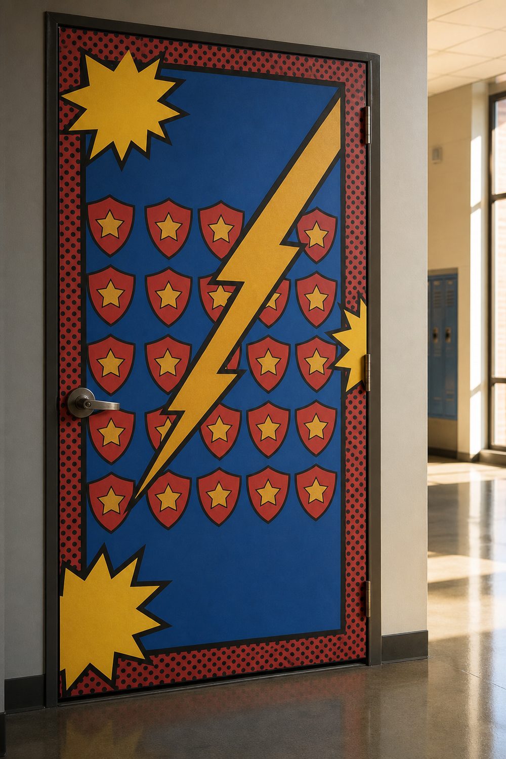 Superhero classroom door with cobalt background, uniform red paper shields with gold stars, comic starbursts, and halftone border