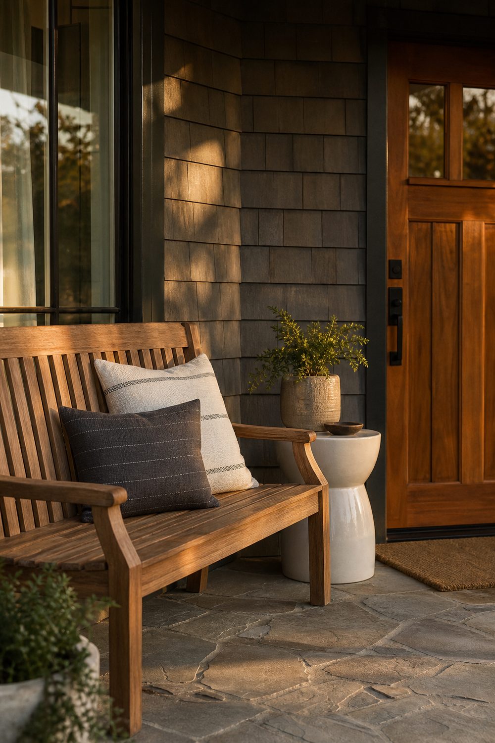 Teak slatted porch bench with two outdoor throw pillows and a small ceramic side table beside a front door in warm golden hour light