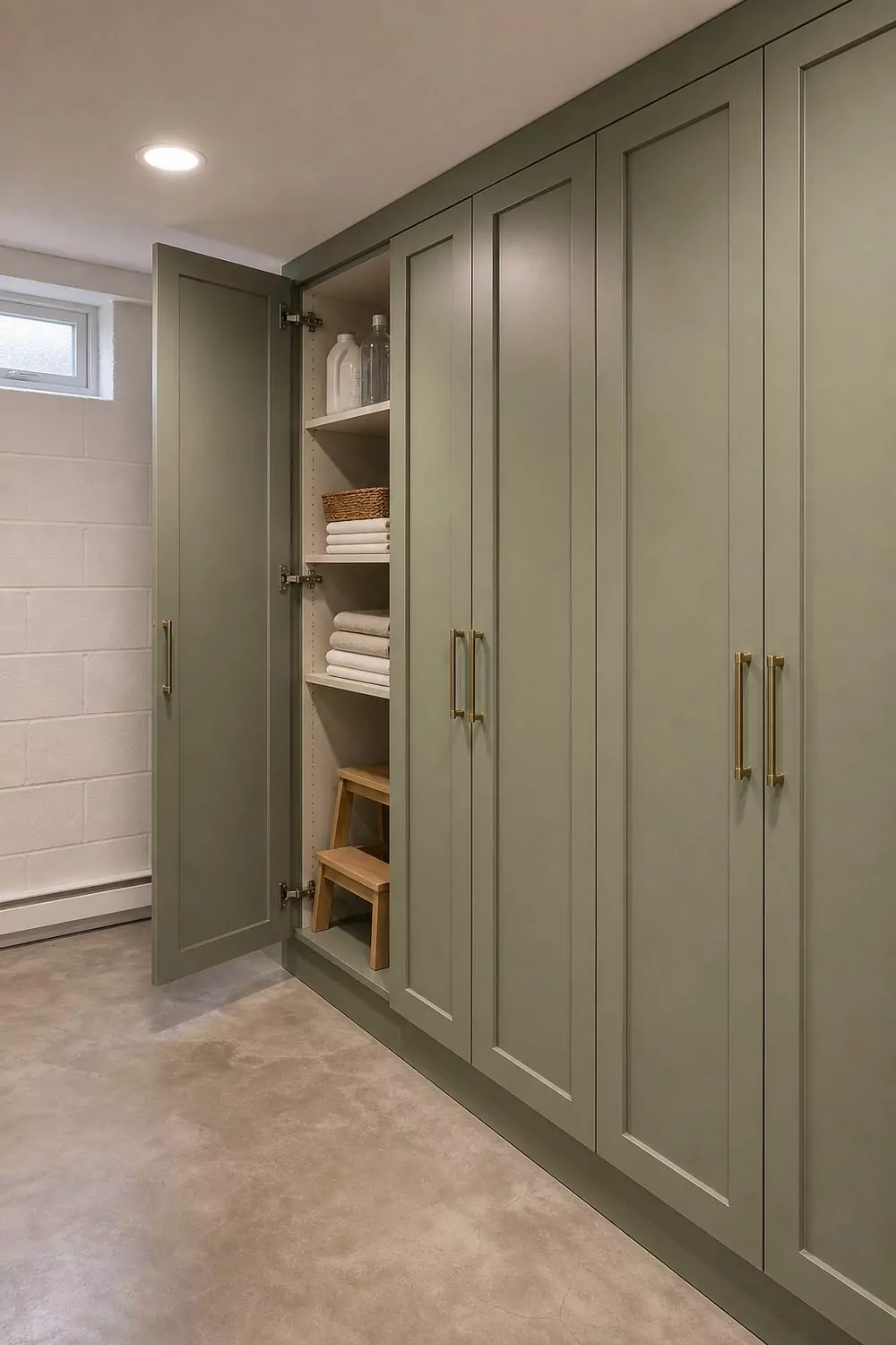 Run of tall sage green shaker cabinets along a basement laundry room wall with one door open showing detergent folded linens and a step stool