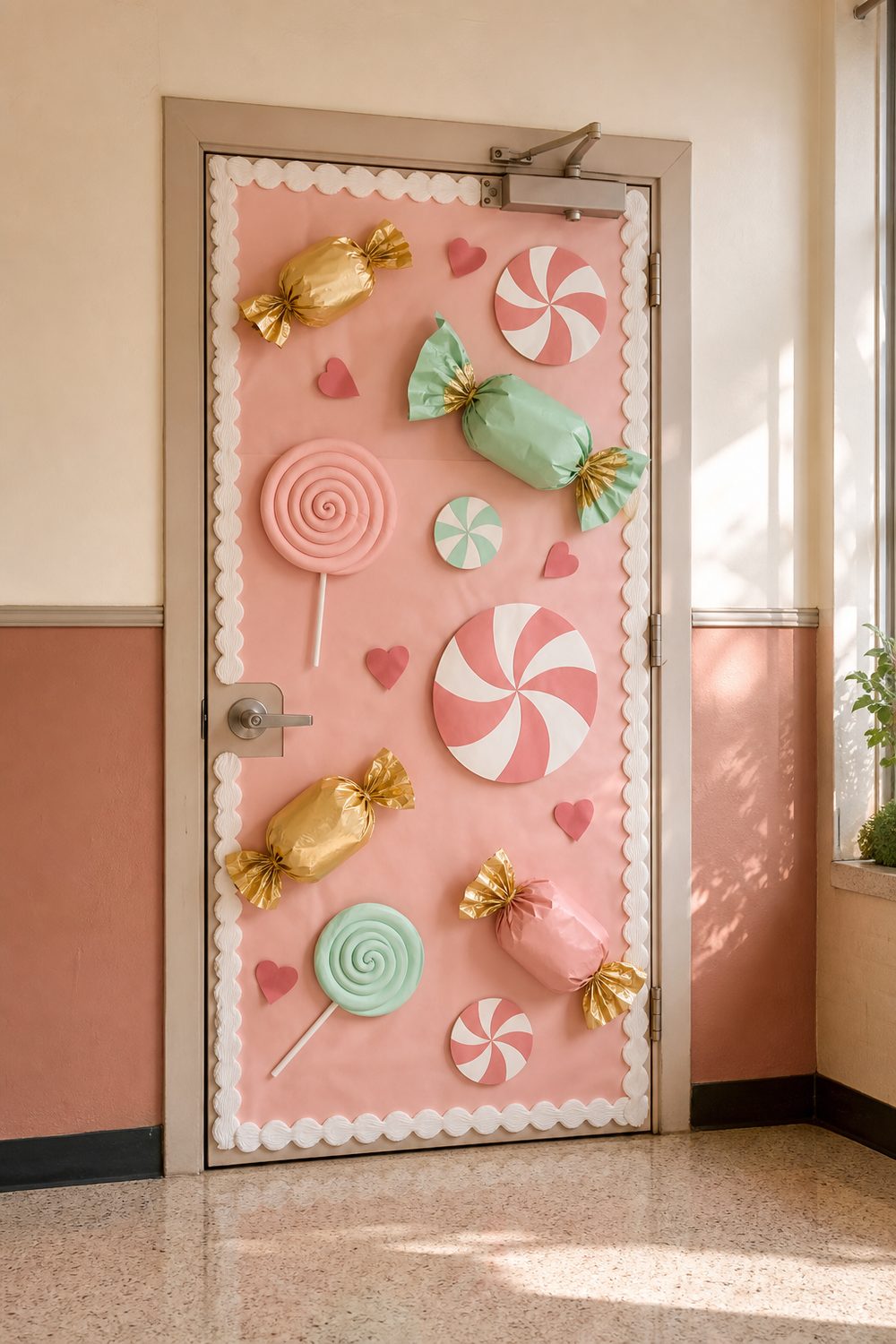 Teacher appreciation door with blush pink background, paper lollipops, wrapped candy shapes, peppermint circles, and icing style border
