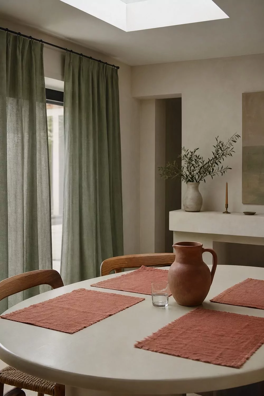 Muted terracotta placemats and clay pitcher on a cream table with soft sage drapery in a contemporary dining room