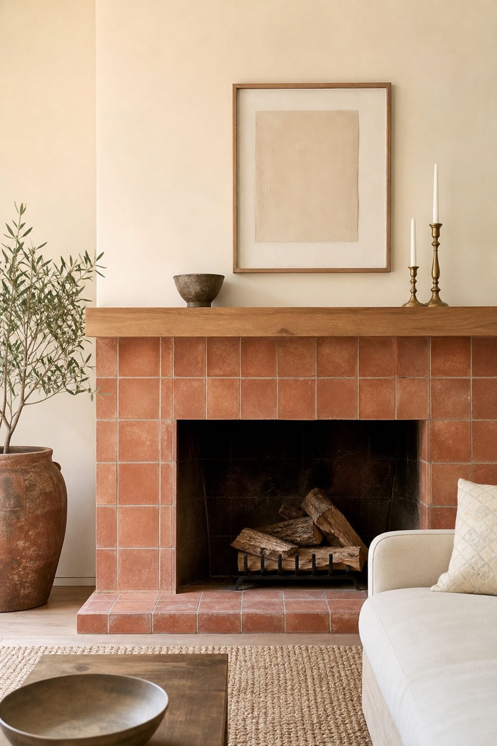 Warm terracotta tile fireplace surround with soft color variation against cream plaster walls and a natural wood mantel