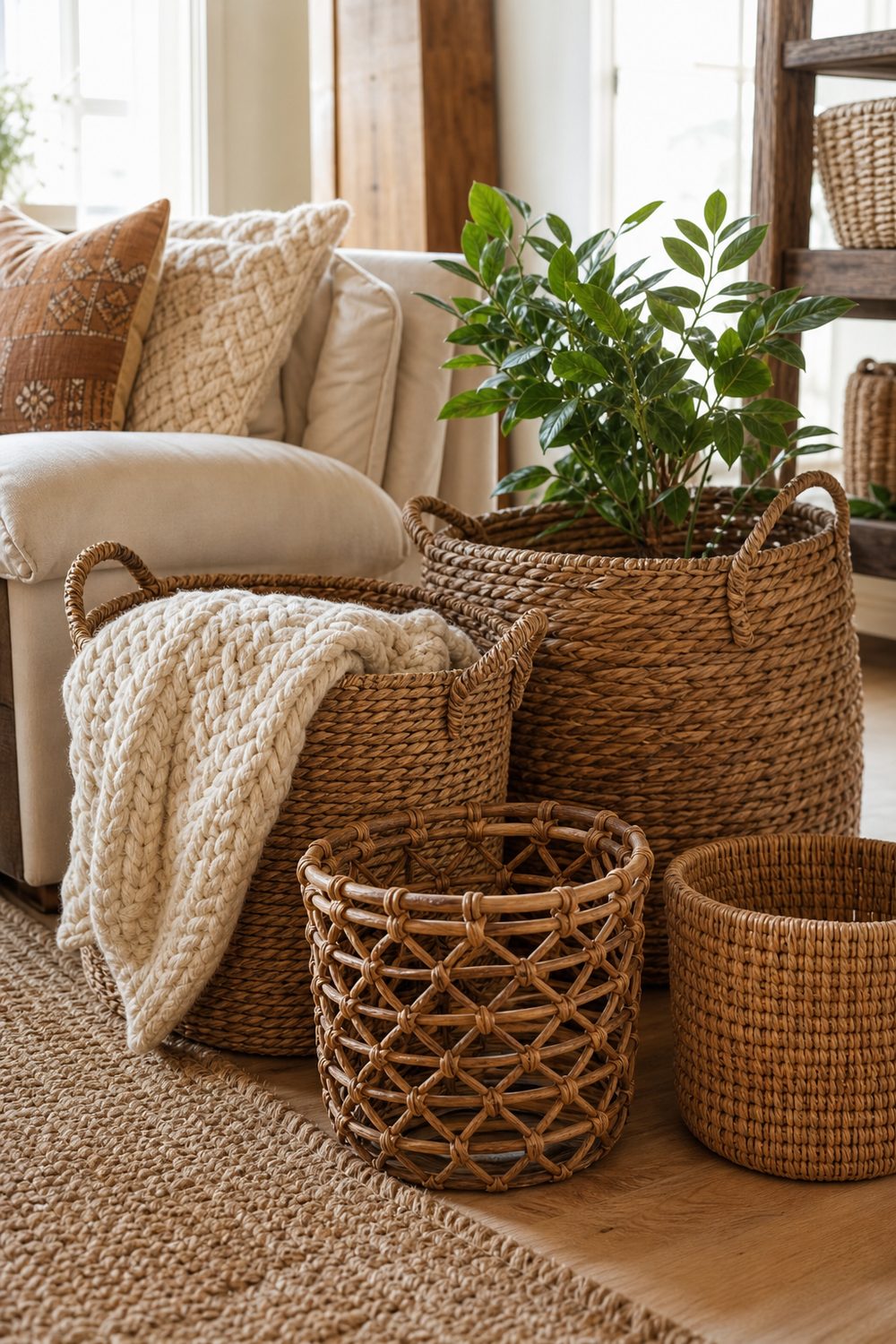 Grouping of natural fiber storage baskets in varied sizes holding a throw and a plant beside a boho sofa