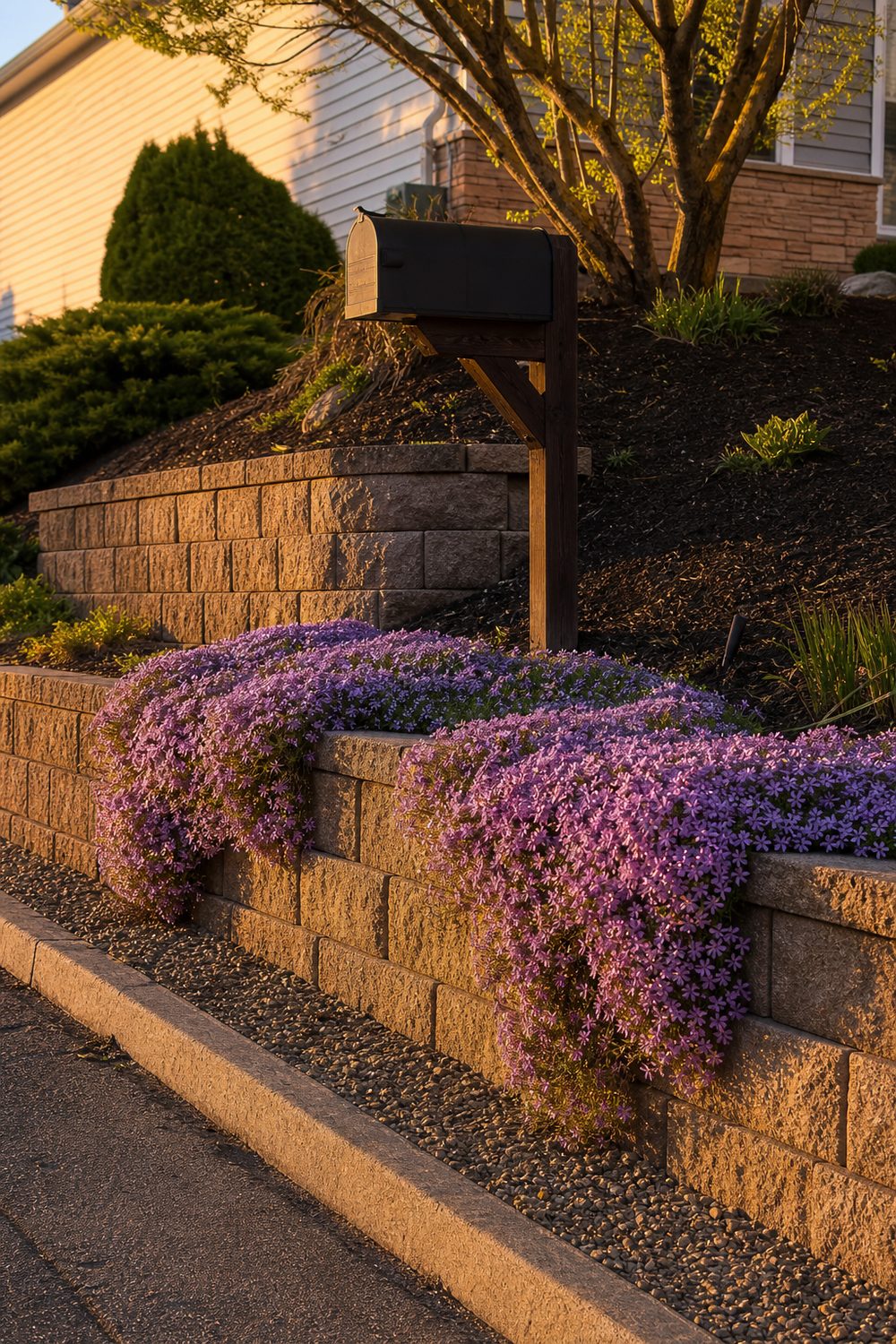 Tiered stone retaining wall mailbox bed on a sloped front yard with layered plantings on two levels