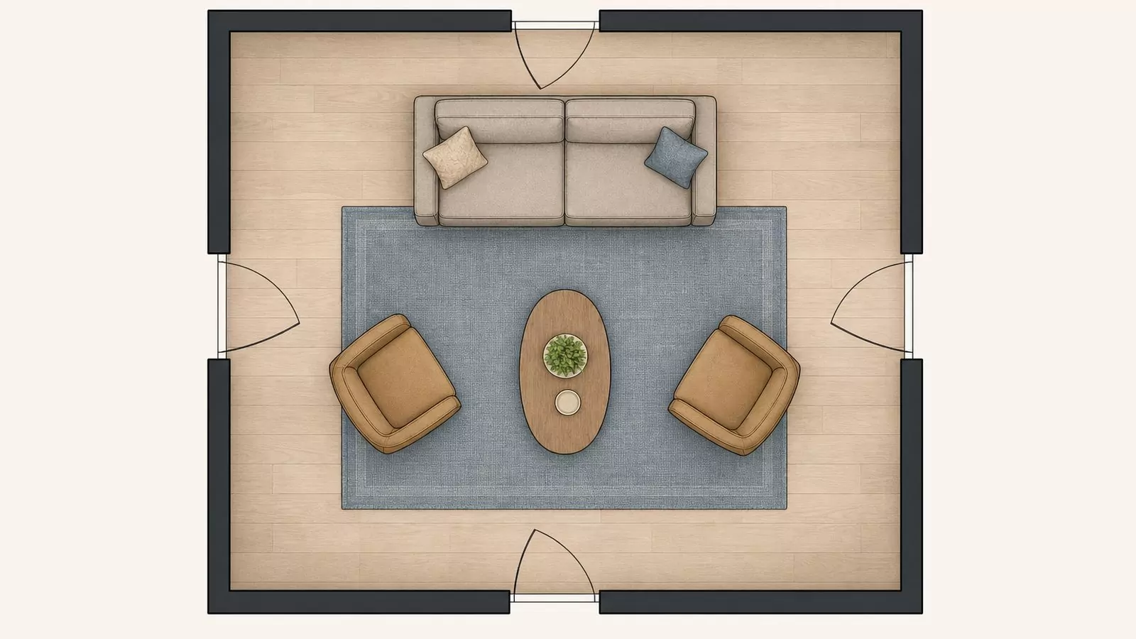 Top-down floor plan diagram of a room with four doorways and furniture arranged so nothing blocks the openings