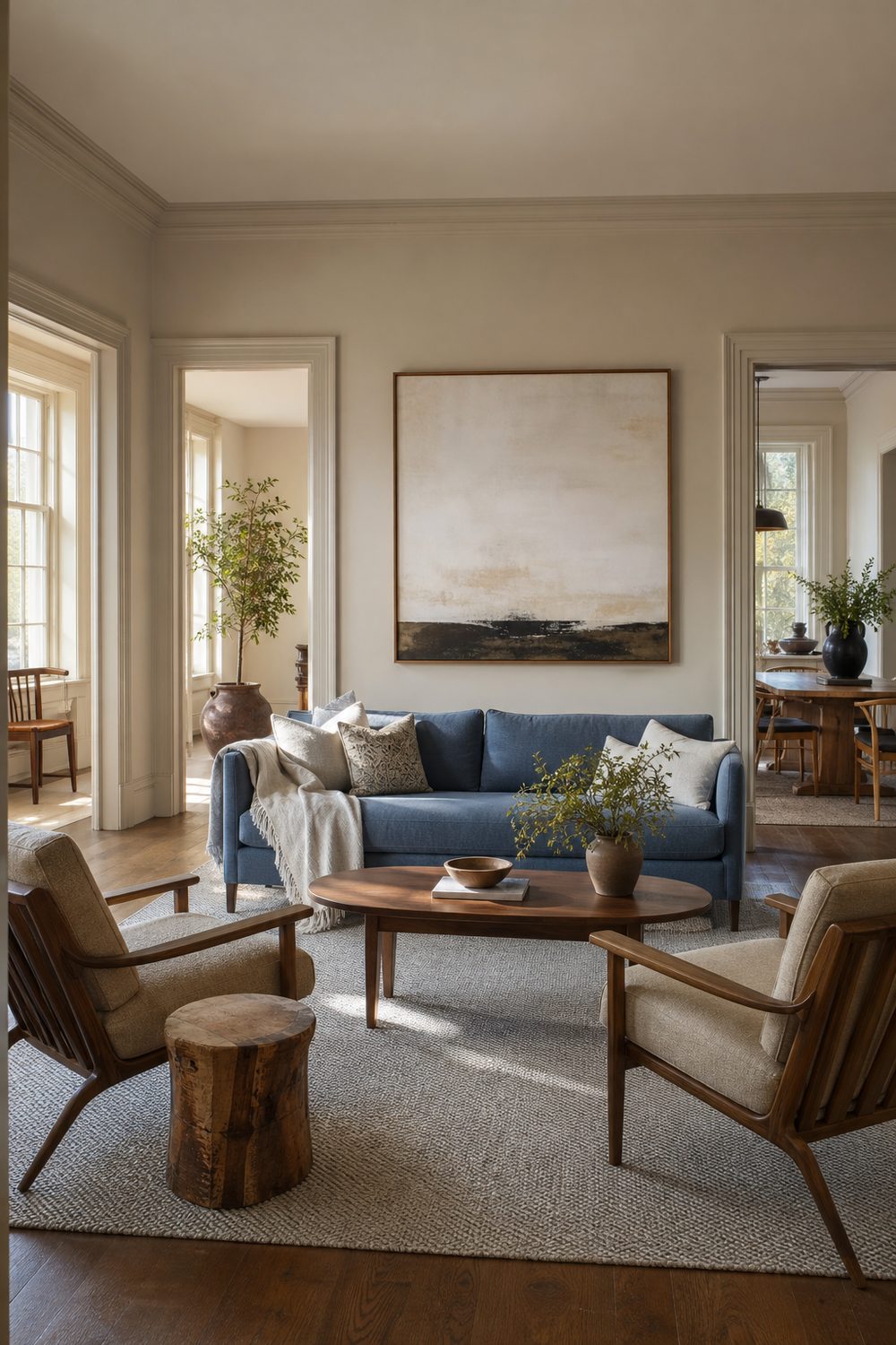 Living room with several doorway openings furnished with a loveseat, two chairs, and an oval coffee table in an awkward layout