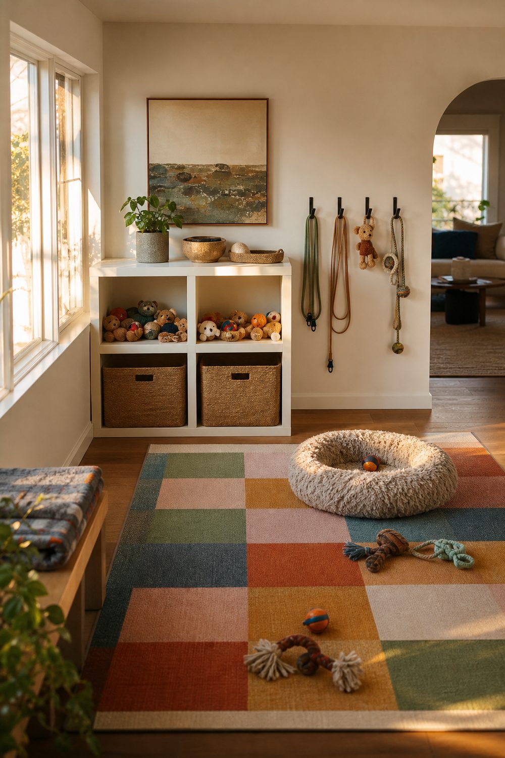 Dog play zone with open low shelving holding labeled toy bins, a washable play mat, and wall pegs