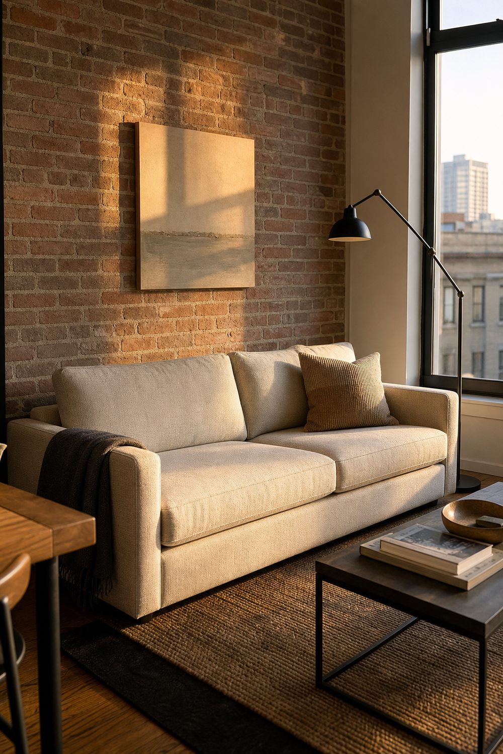 Oatmeal track arm sofa with straight flat squared arms and a compact modern profile against exposed brick