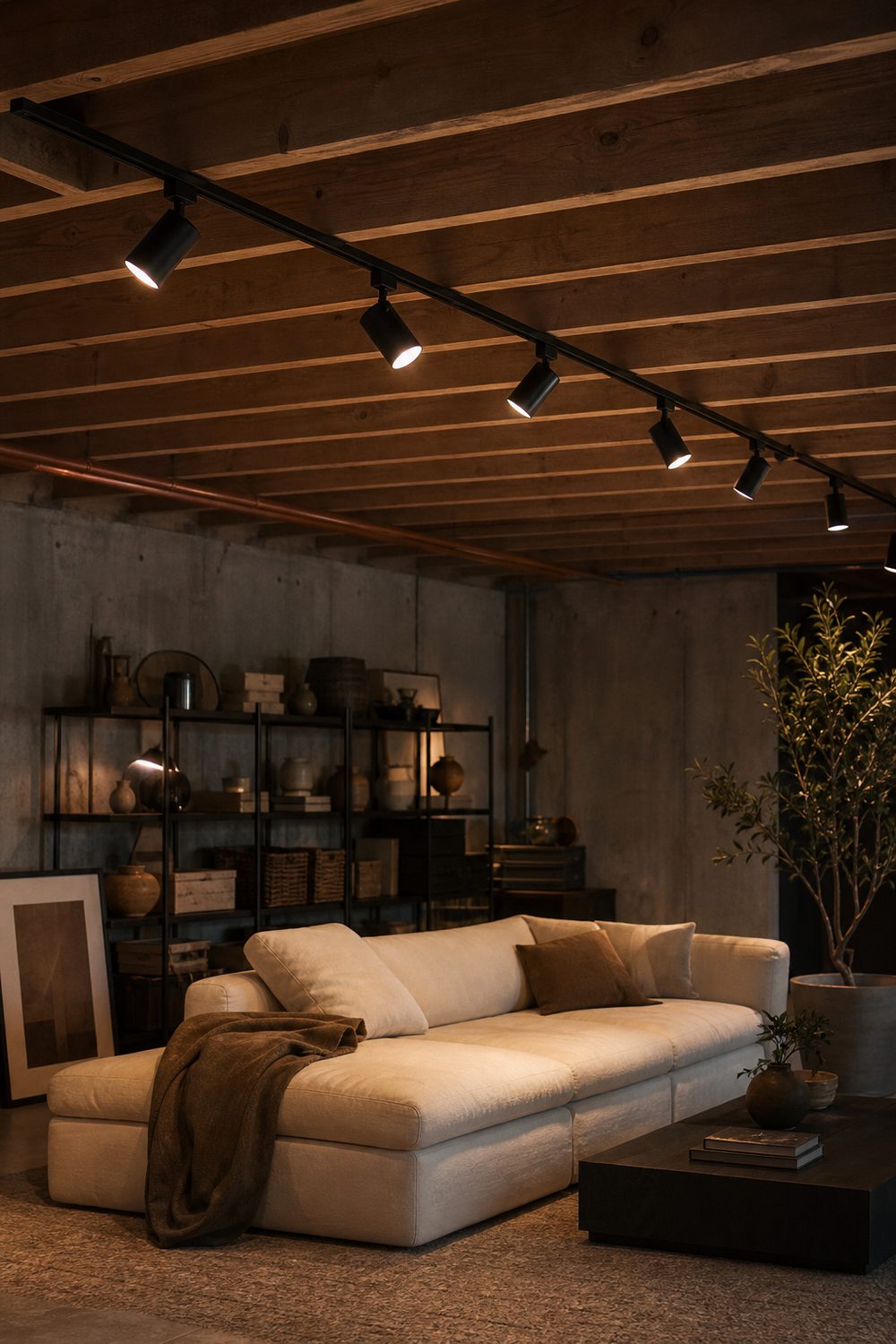 Black track lighting with adjustable warm LED heads mounted along exposed basement joists lighting a seating and storage area