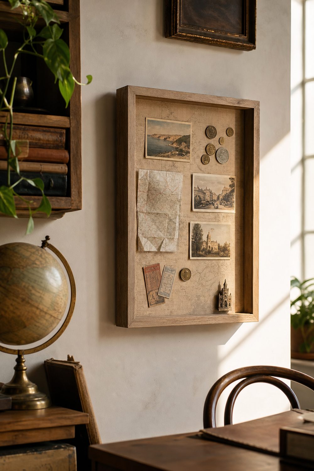 Travel shadow box with vintage postcards, foreign coins and a folded map on aged map-paper in a light natural frame