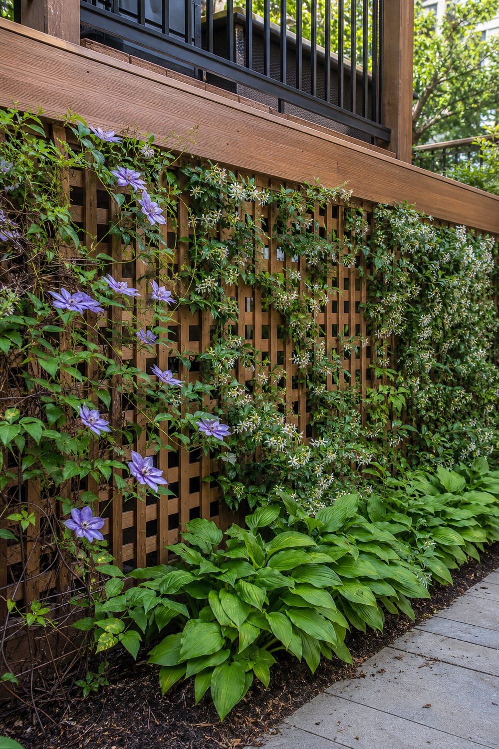 Trellis Deck Skirting With Climbing Vines on a raised backyard deck, natural wood trellis panels, bright midday diffused daylight