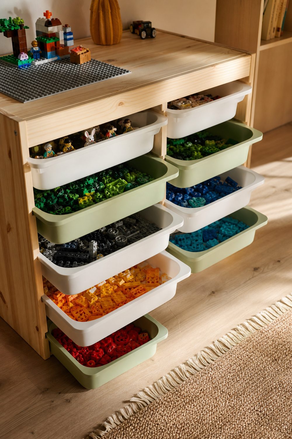 Kids room storage frame with rows of shallow slide-out plastic drawers in white and green holding colorful building bricks sorted by type