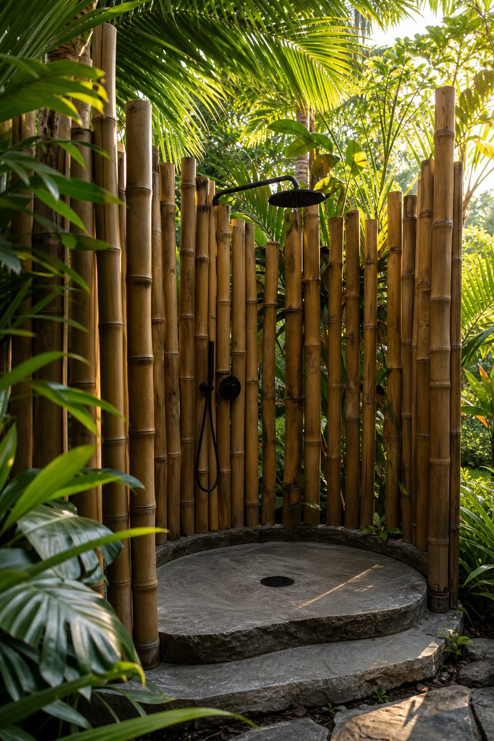Tropical bamboo outdoor shower screened by bamboo poles in a lush palm garden with matte black rain head, dappled afternoon light