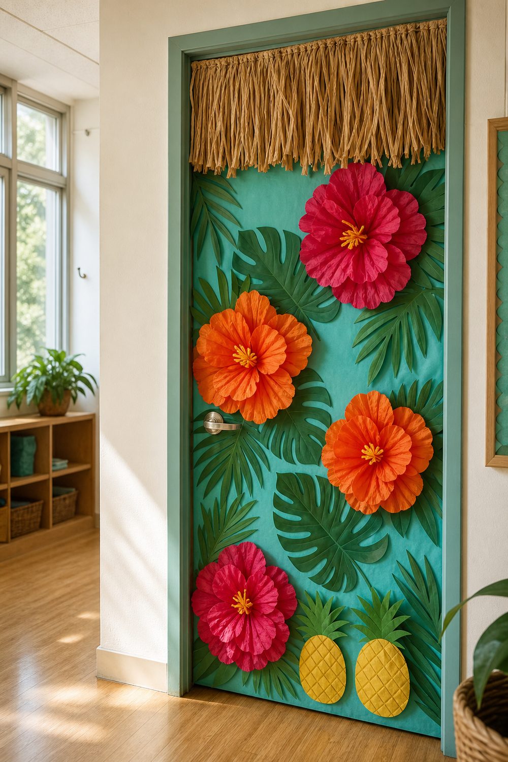 Tropical luau classroom door with turquoise background, fuchsia tissue hibiscus flowers, monstera leaves, and raffia fringe