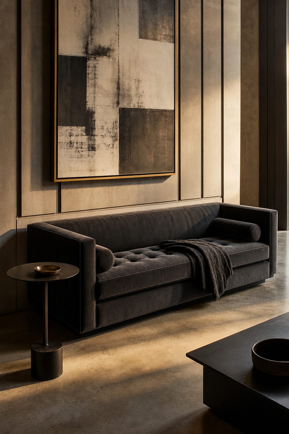 Charcoal velvet tuxedo sofa with arms and back at the same squared height in a modern concrete loft