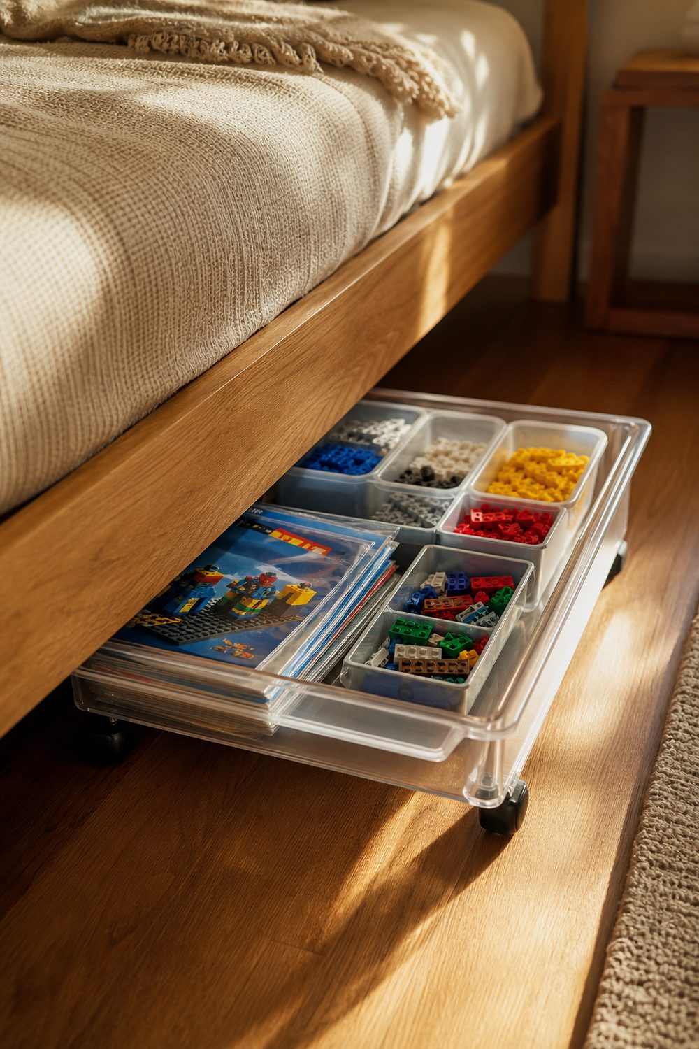Low-profile clear rolling storage drawer on casters pulled from under a bed, filled with sorted colorful building bricks and sealed sets