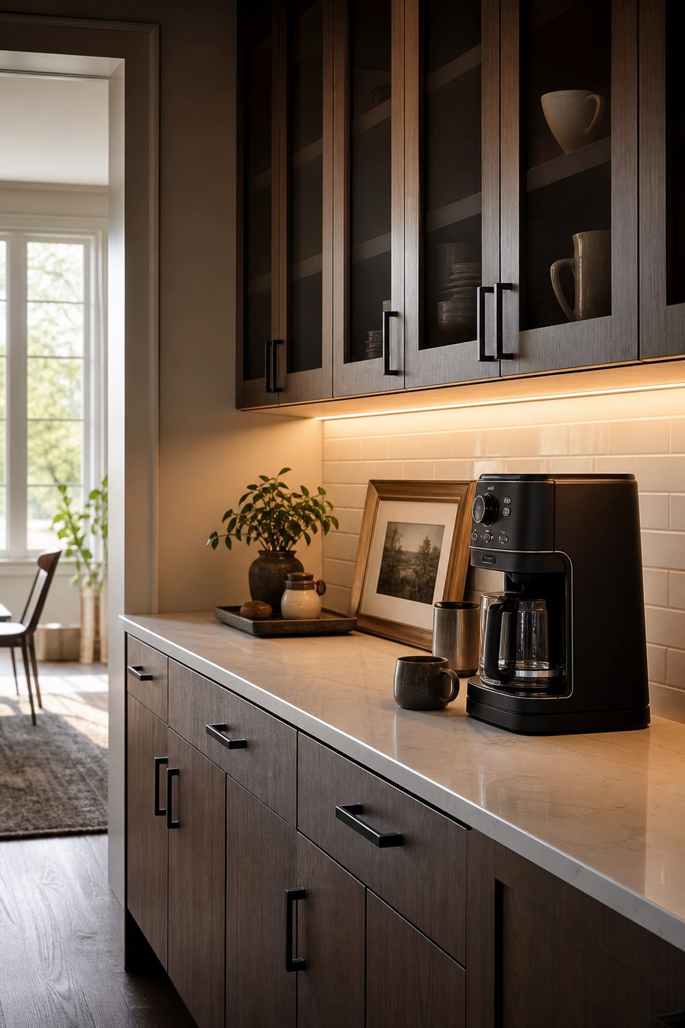 Under cabinet coffee bar setup on a narrow counter with a warm LED task light, drip machine, and white subway tile