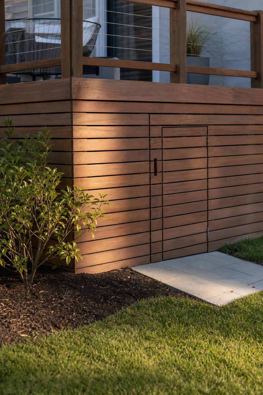 Under Deck Storage Door Skirting on a raised backyard deck, wood slat skirting with a concealed hinged access door, warm afternoon light from the right
