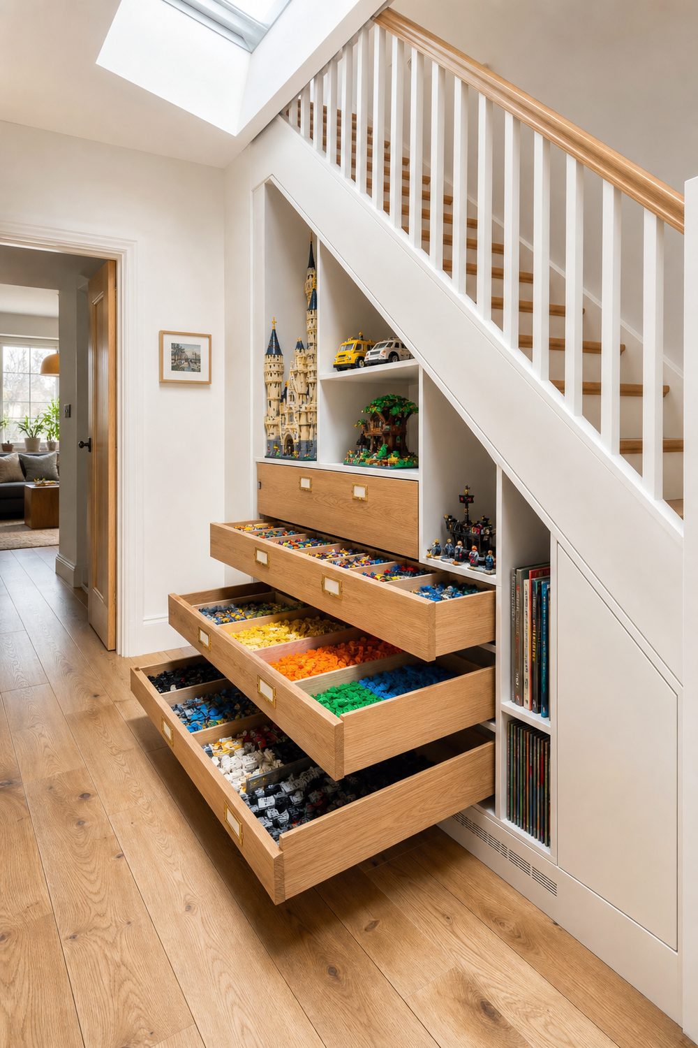 Custom under-stair built-in with labeled pull-out drawers and cubbies holding sorted building bricks and display sets in a bright hallway