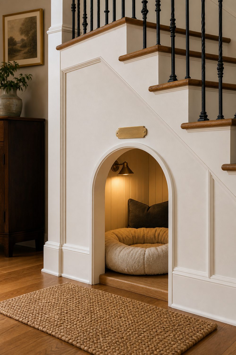 Under stair cat den with arched entry cut into white wainscot paneling and a soft glow inside