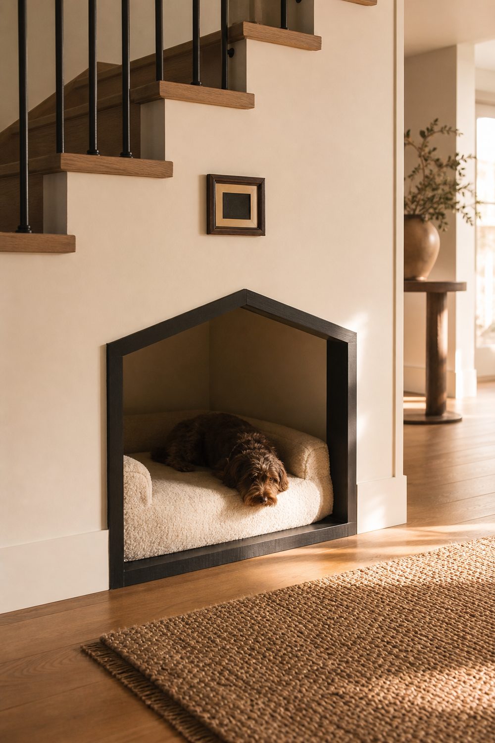 Under stairs dog nook with a cushioned bed built into an oak staircase recess, warm afternoon light