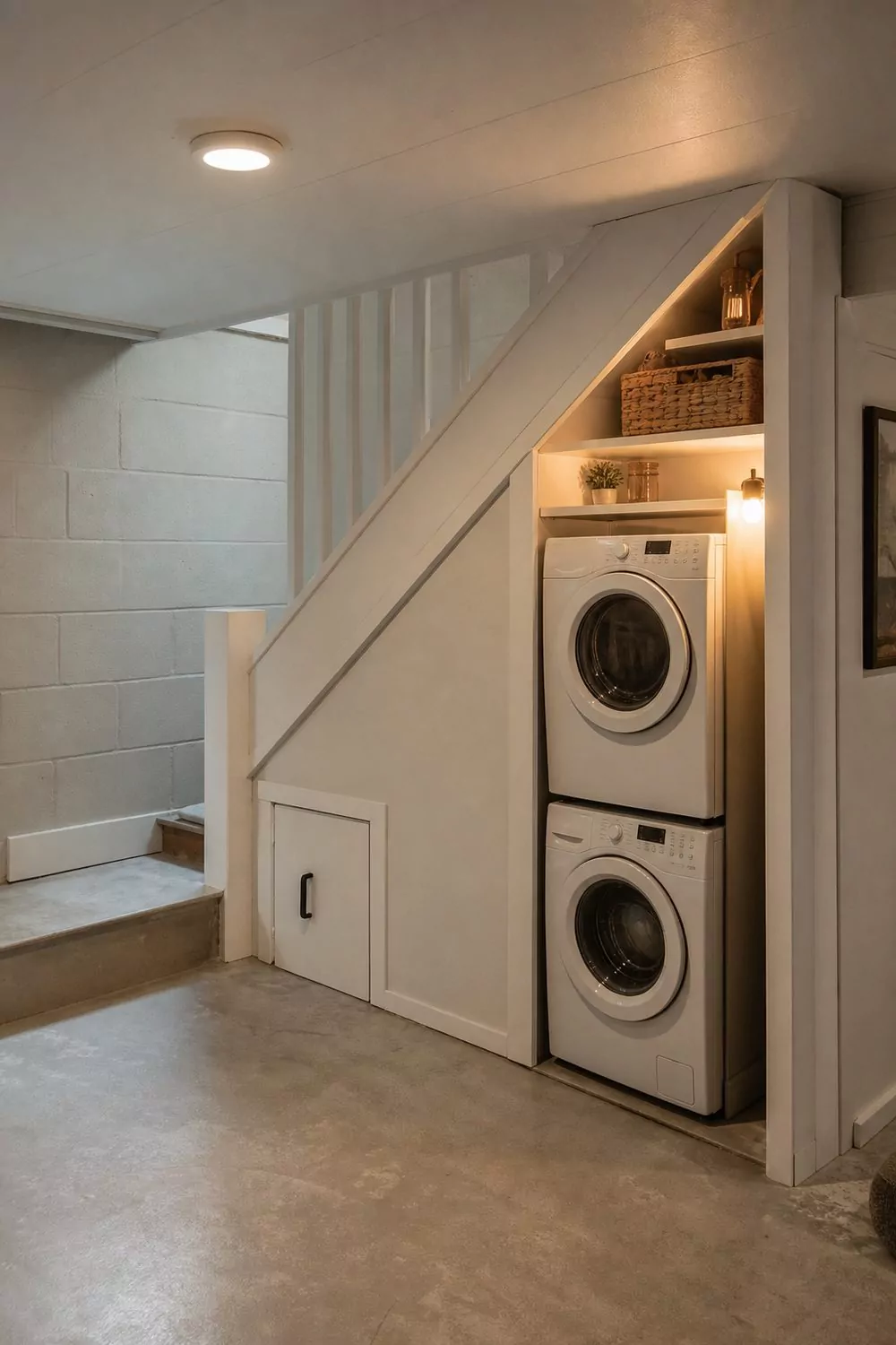 Compact laundry nook under a basement staircase with a stacked washer and dryer and shallow custom shelves following the stair slope