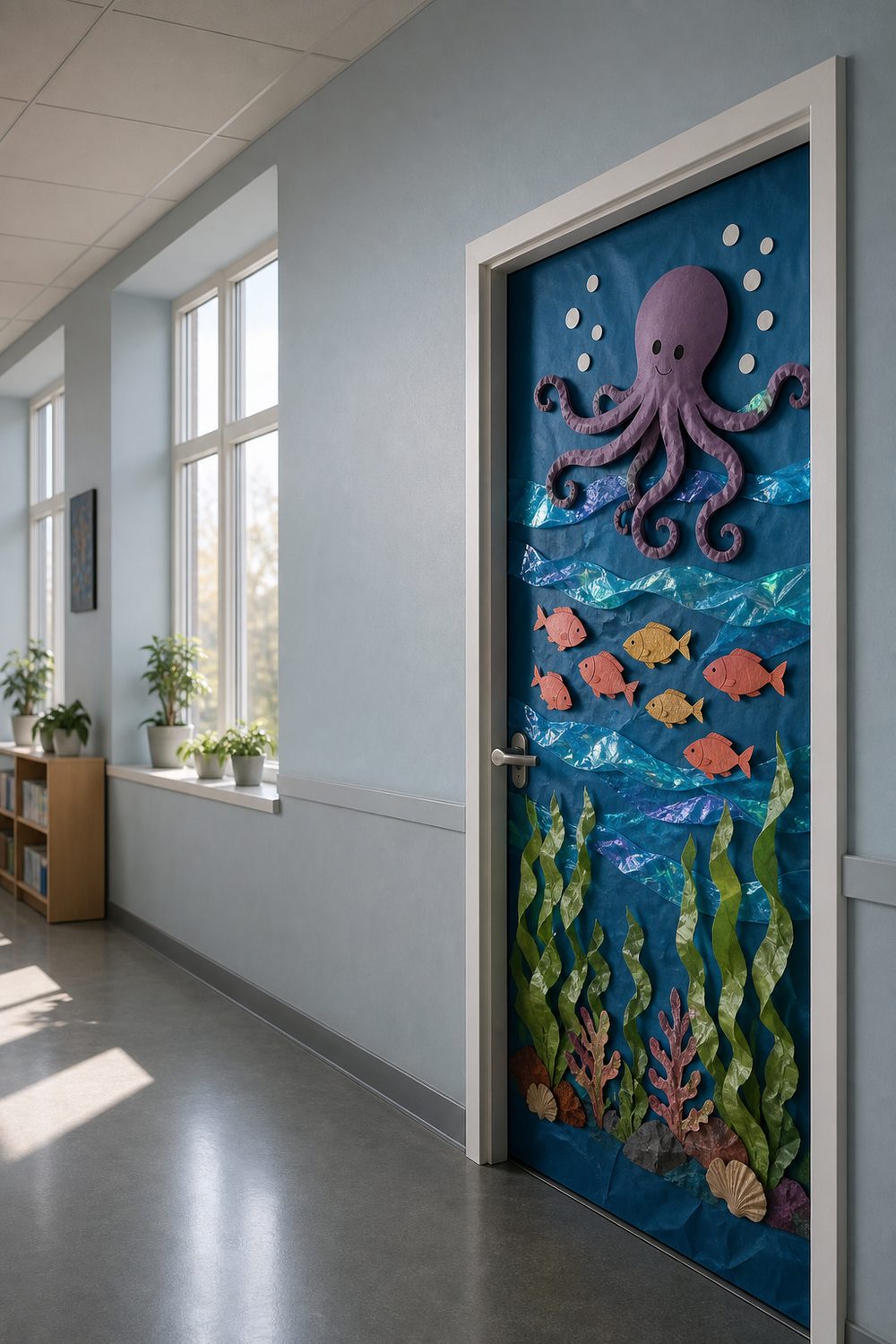 Ocean themed classroom door with blue background, teal cellophane waves, paper fish, curling seaweed, and dusty purple octopus