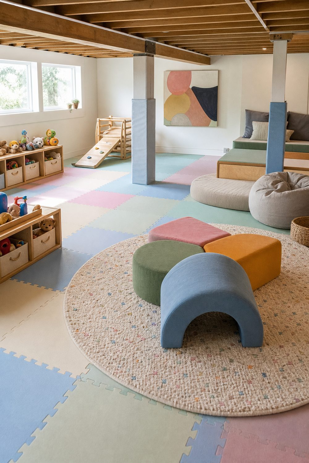 Bright unfinished basement kids playroom with pastel foam floor tiles, a washable rug, low toy bins and corner guards