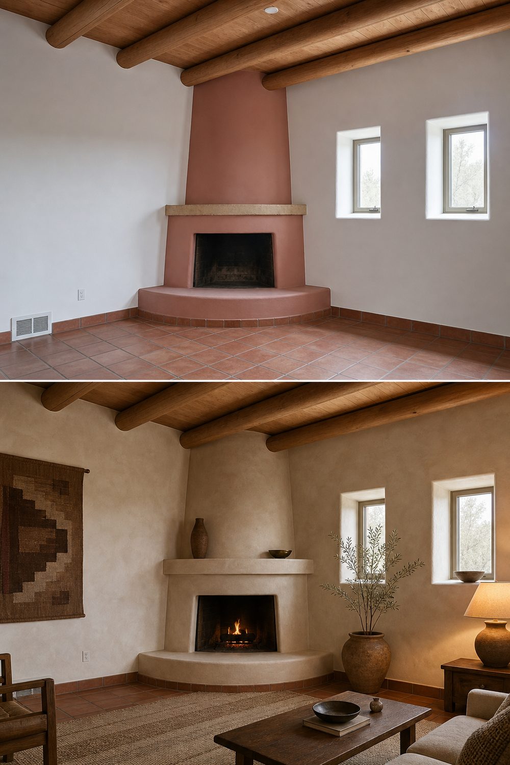 Before and after of a Venetian plaster fireplace surround in warm limestone tones