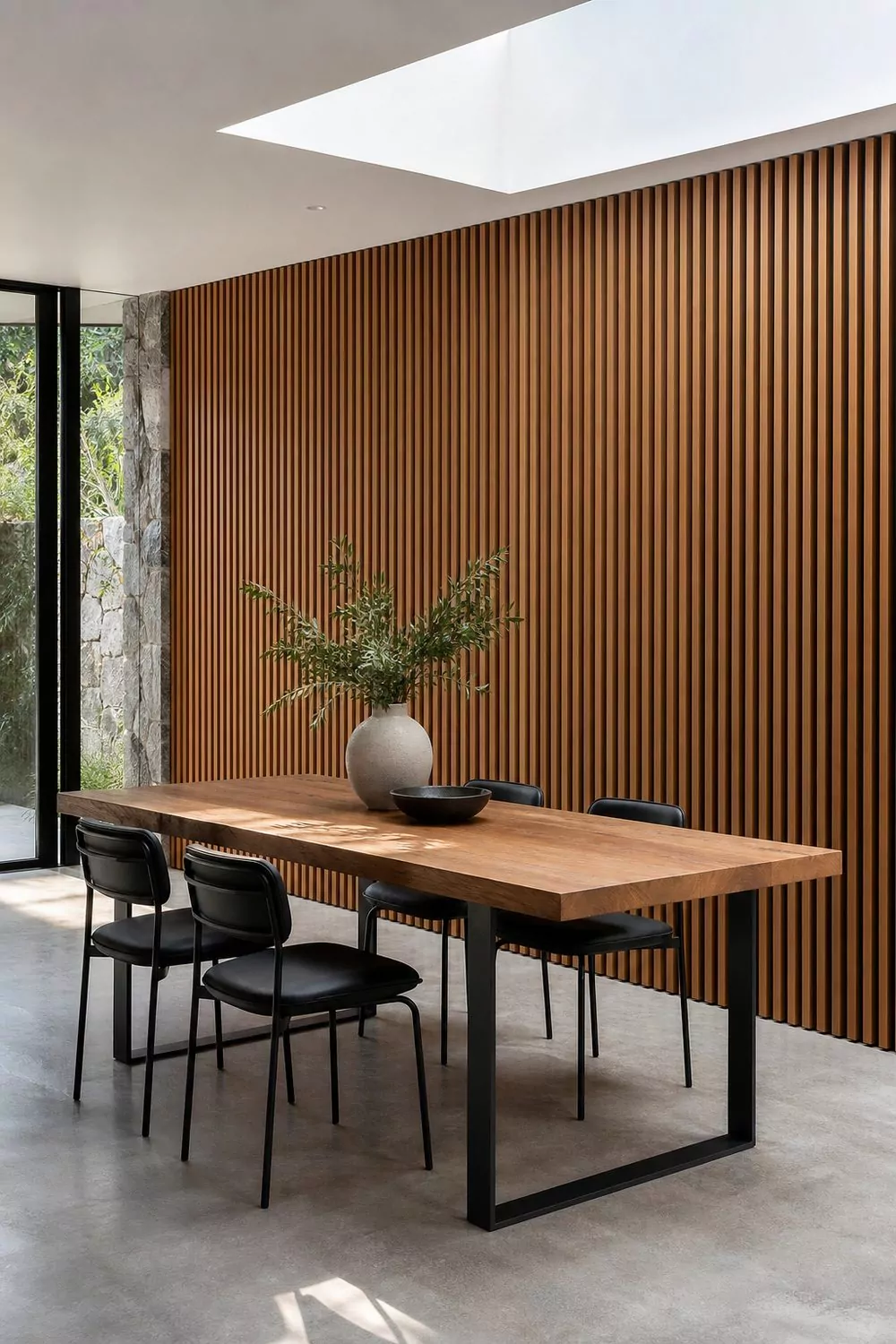 Floor to ceiling vertical oak slat accent wall behind a dining table with dark recessed gaps in a contemporary dining room