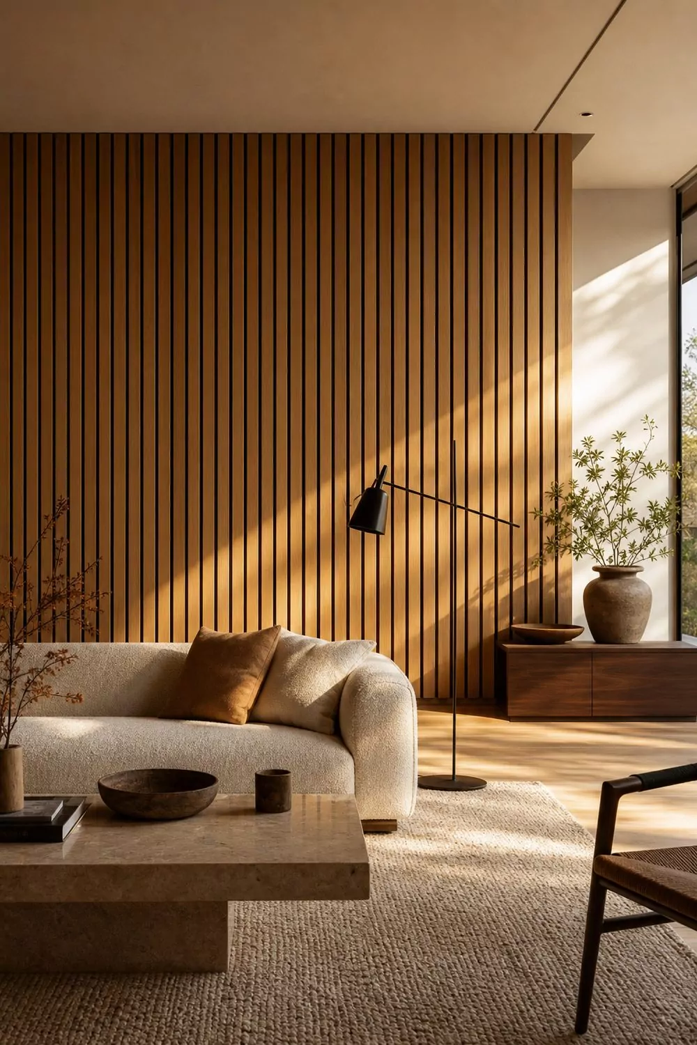 Vertical wood slat accent wall in warm oak behind a low oatmeal sofa in a modern living room with warm afternoon light